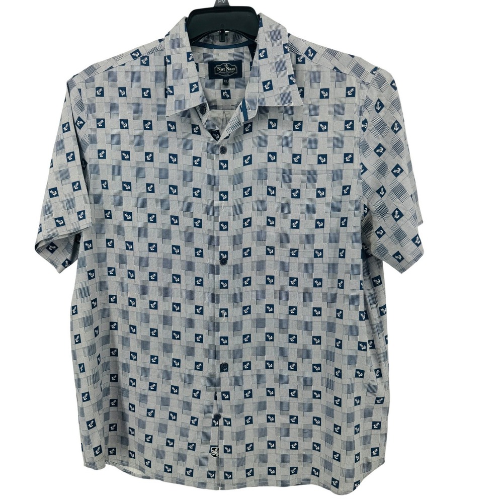 Nat Nast Shirt Mens XL Blue Grey Silk Anchor Print Nautical Luxury button down